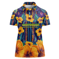 Martinique Map and Hibiscus Women Polo Shirt Island Silhouette with Tribal Stripe Accents