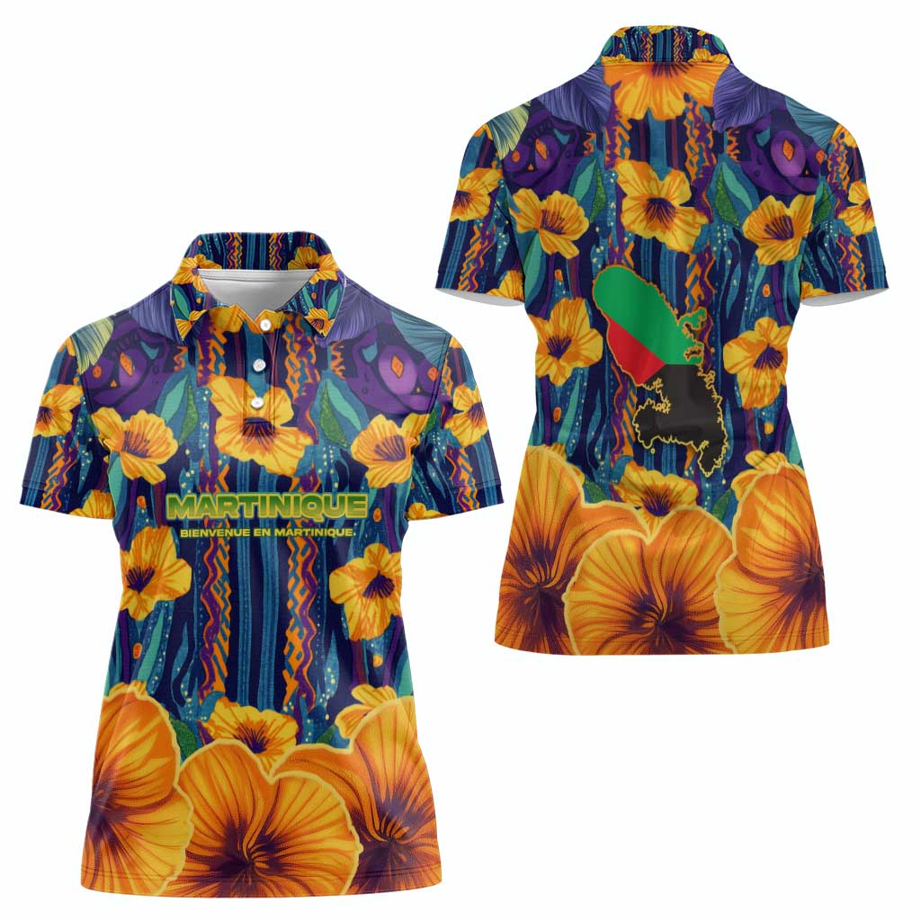 Martinique Map and Hibiscus Women Polo Shirt Island Silhouette with Tribal Stripe Accents