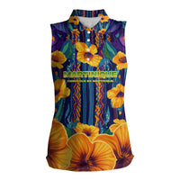 Martinique Map and Hibiscus Women Sleeveless Polo Shirt Island Silhouette with Tribal Stripe Accents