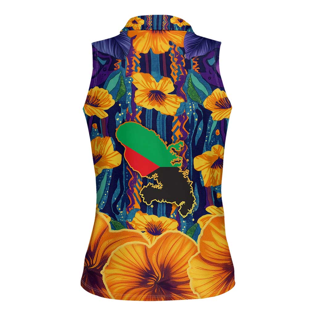 Martinique Map and Hibiscus Women Sleeveless Polo Shirt Island Silhouette with Tribal Stripe Accents