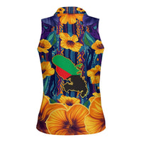 Martinique Map and Hibiscus Women Sleeveless Polo Shirt Island Silhouette with Tribal Stripe Accents
