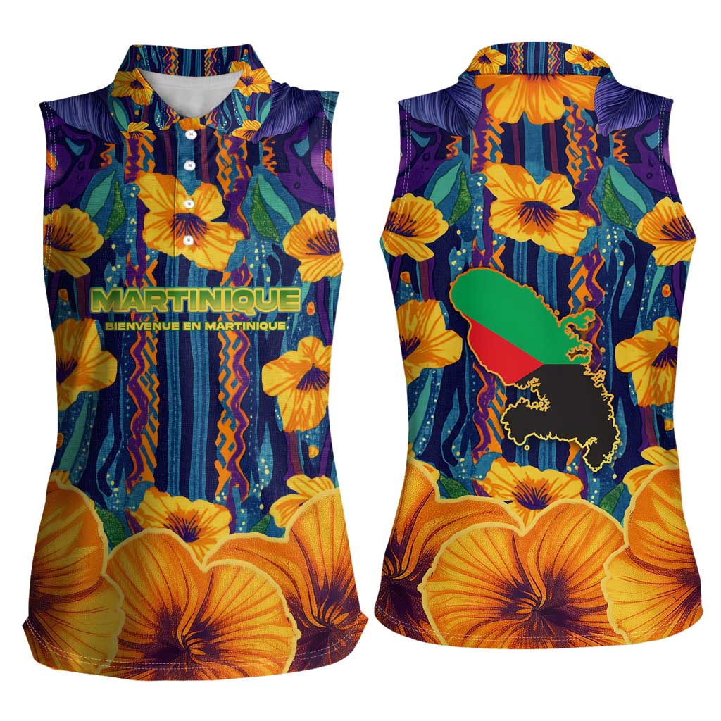 Martinique Map and Hibiscus Women Sleeveless Polo Shirt Island Silhouette with Tribal Stripe Accents