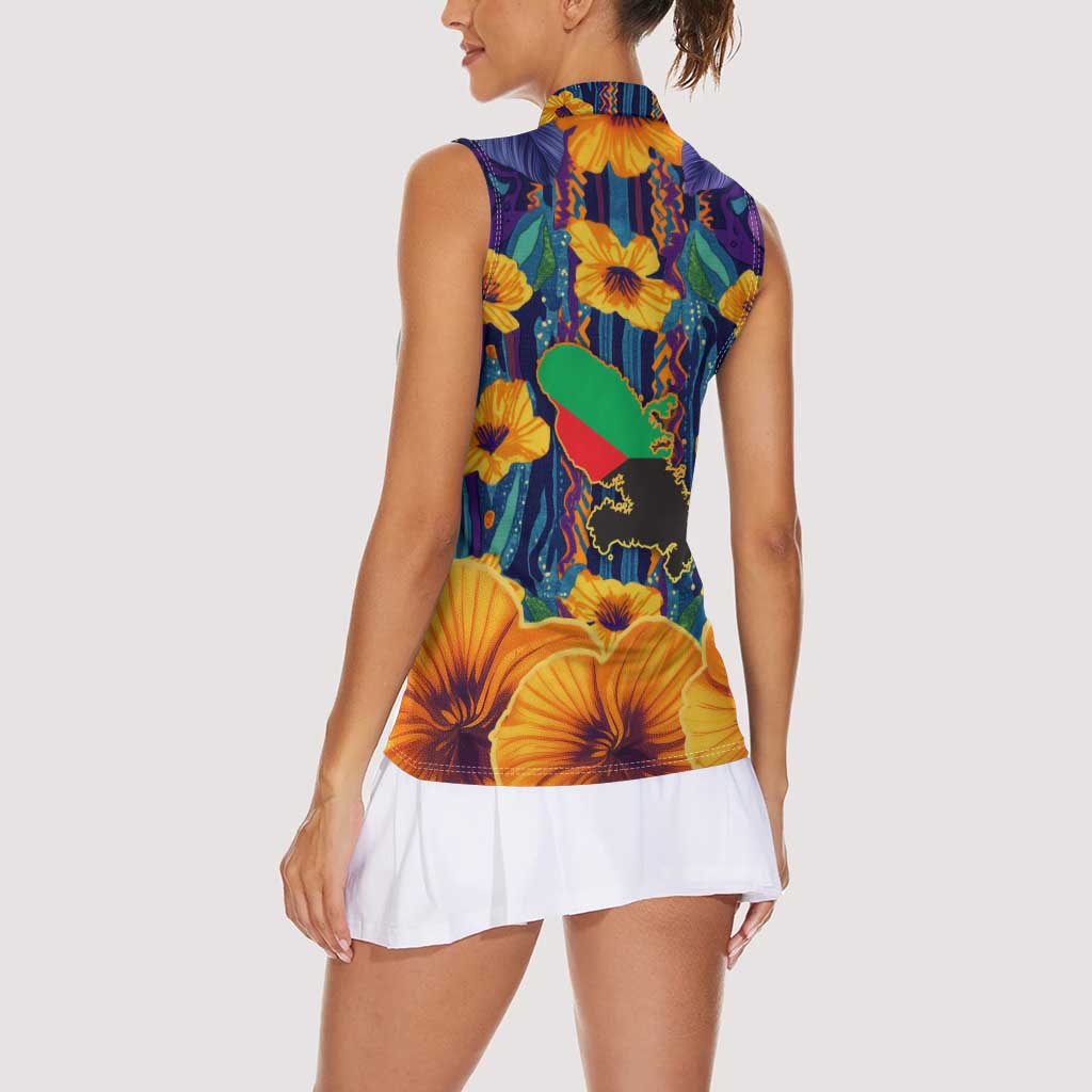 Martinique Map and Hibiscus Women Sleeveless Polo Shirt Island Silhouette with Tribal Stripe Accents