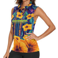 Martinique Map and Hibiscus Women Sleeveless Polo Shirt Island Silhouette with Tribal Stripe Accents