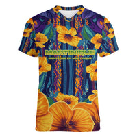 Martinique Map and Hibiscus Women V-Neck T-Shirt Island Silhouette with Tribal Stripe Accents