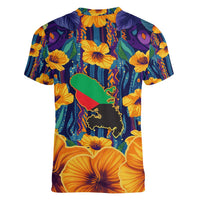Martinique Map and Hibiscus Women V-Neck T-Shirt Island Silhouette with Tribal Stripe Accents