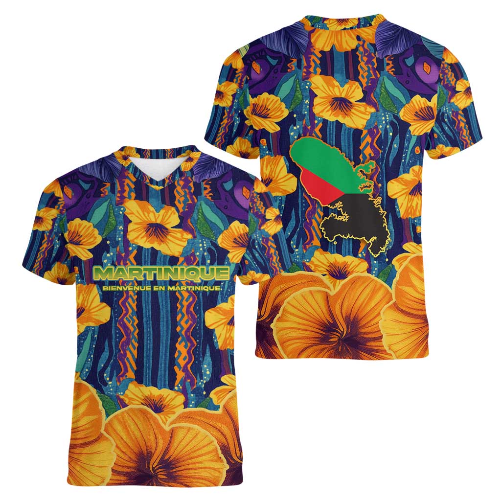 Martinique Map and Hibiscus Women V-Neck T-Shirt Island Silhouette with Tribal Stripe Accents