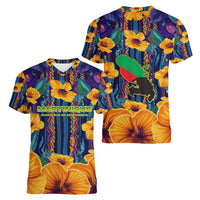 Martinique Map and Hibiscus Women V-Neck T-Shirt Island Silhouette with Tribal Stripe Accents