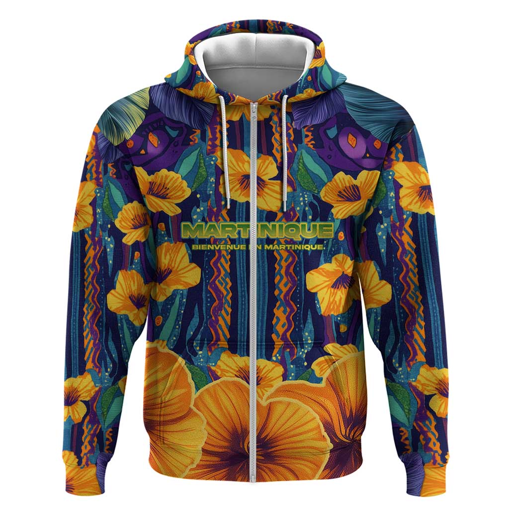 Martinique Map and Hibiscus Zip Hoodie Island Silhouette with Tribal Stripe Accents