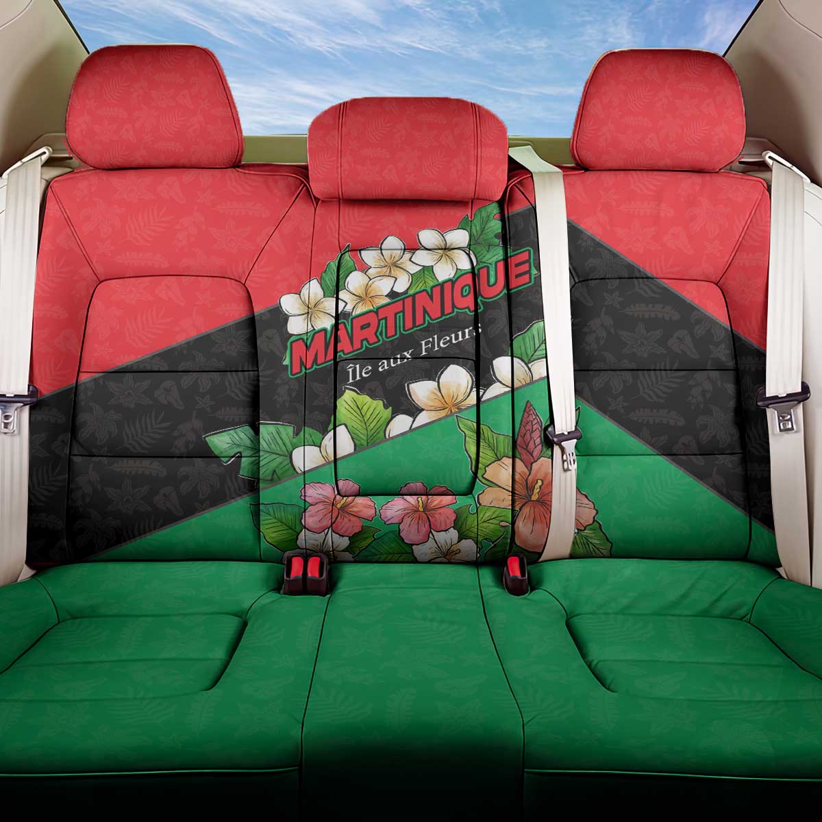 Martinique Island Pride Back Car Seat Cover Tropical Hibiscus and Plumeria Floral Flag Design