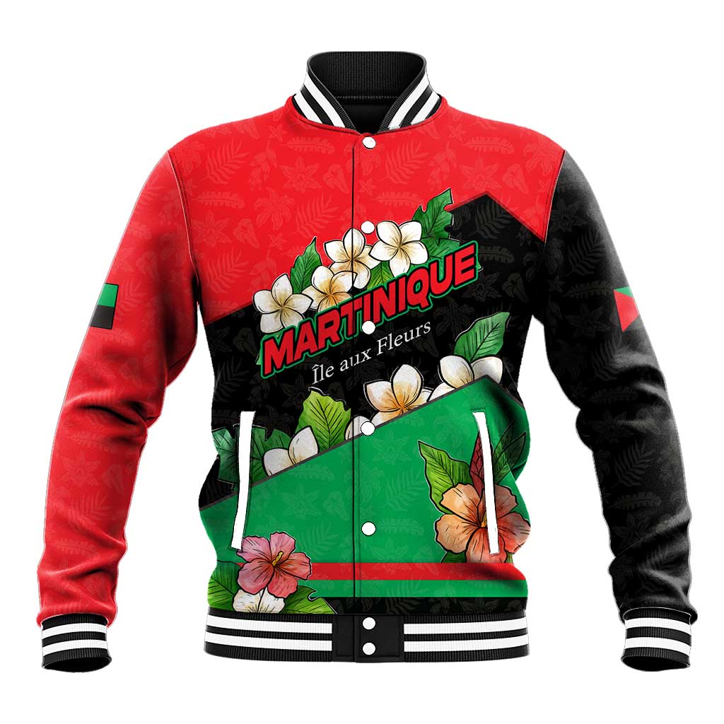 Martinique Island Pride Baseball Jacket Tropical Hibiscus and Plumeria Floral Flag Design