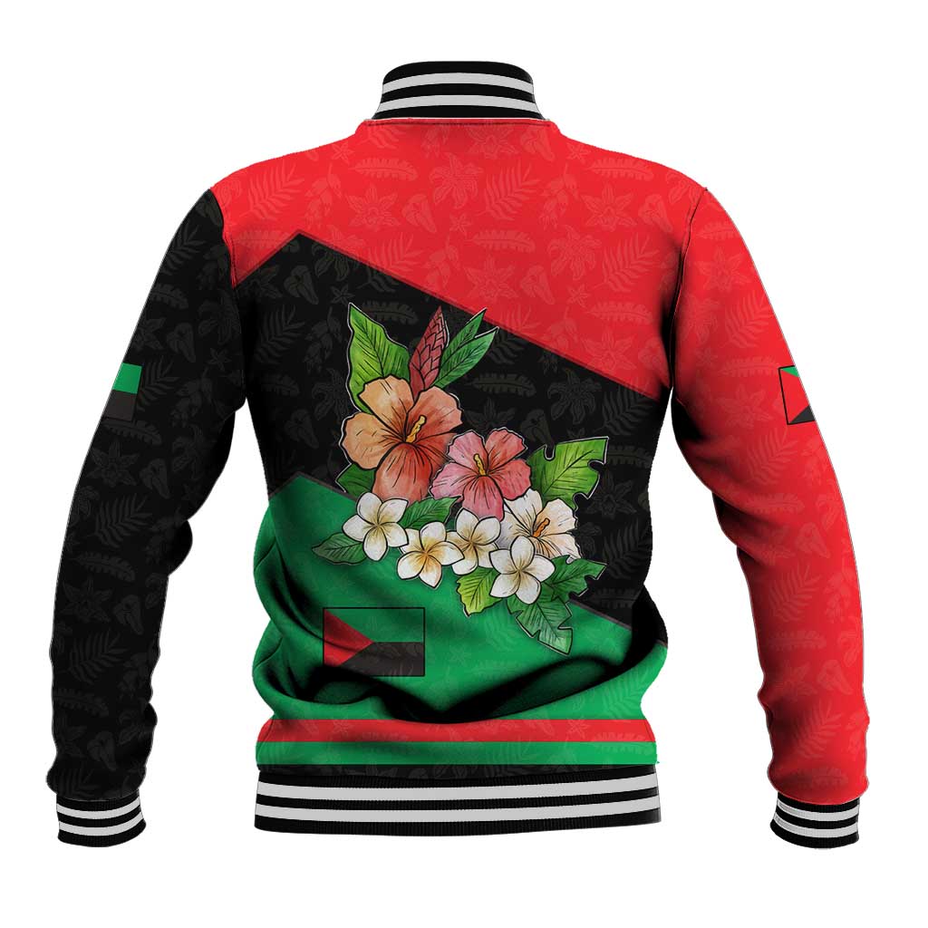 Martinique Island Pride Baseball Jacket Tropical Hibiscus and Plumeria Floral Flag Design