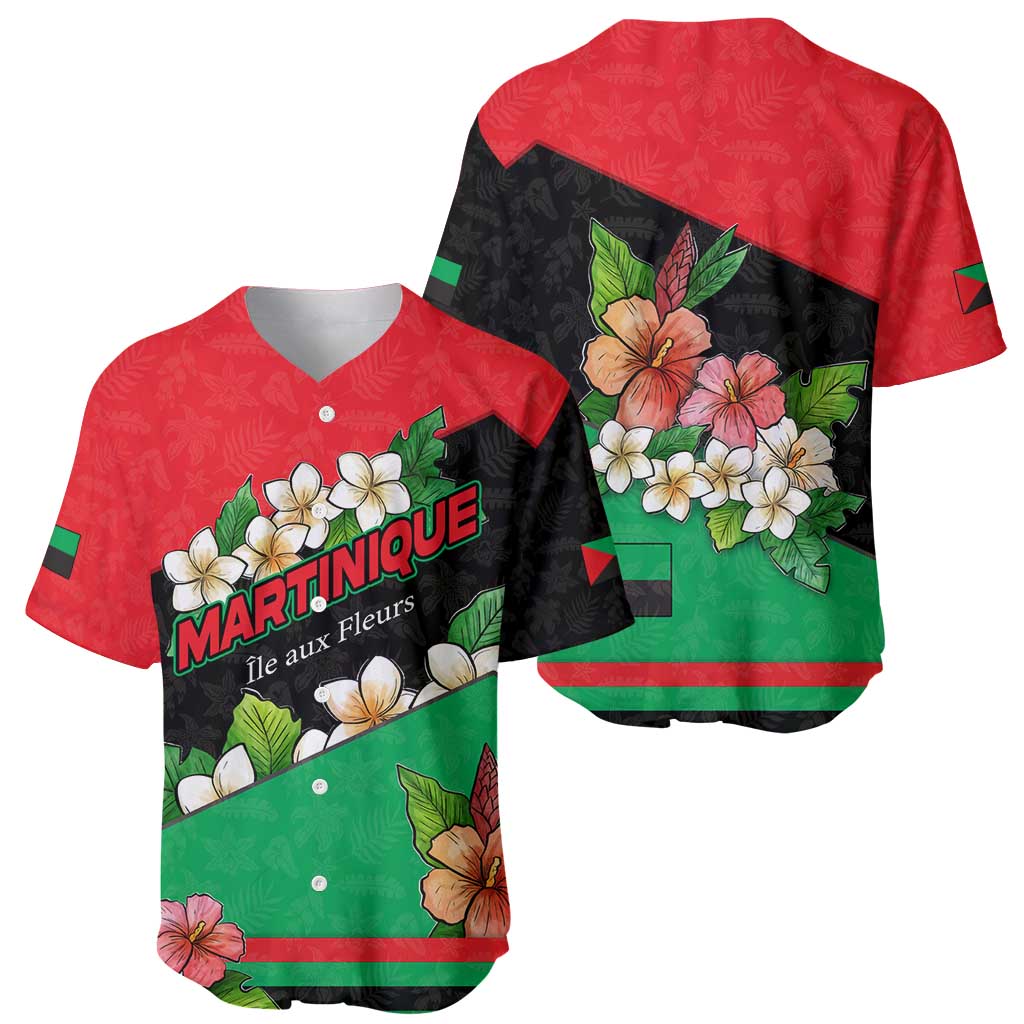 Martinique Island Pride Baseball Jersey Tropical Hibiscus and Plumeria Floral Flag Design