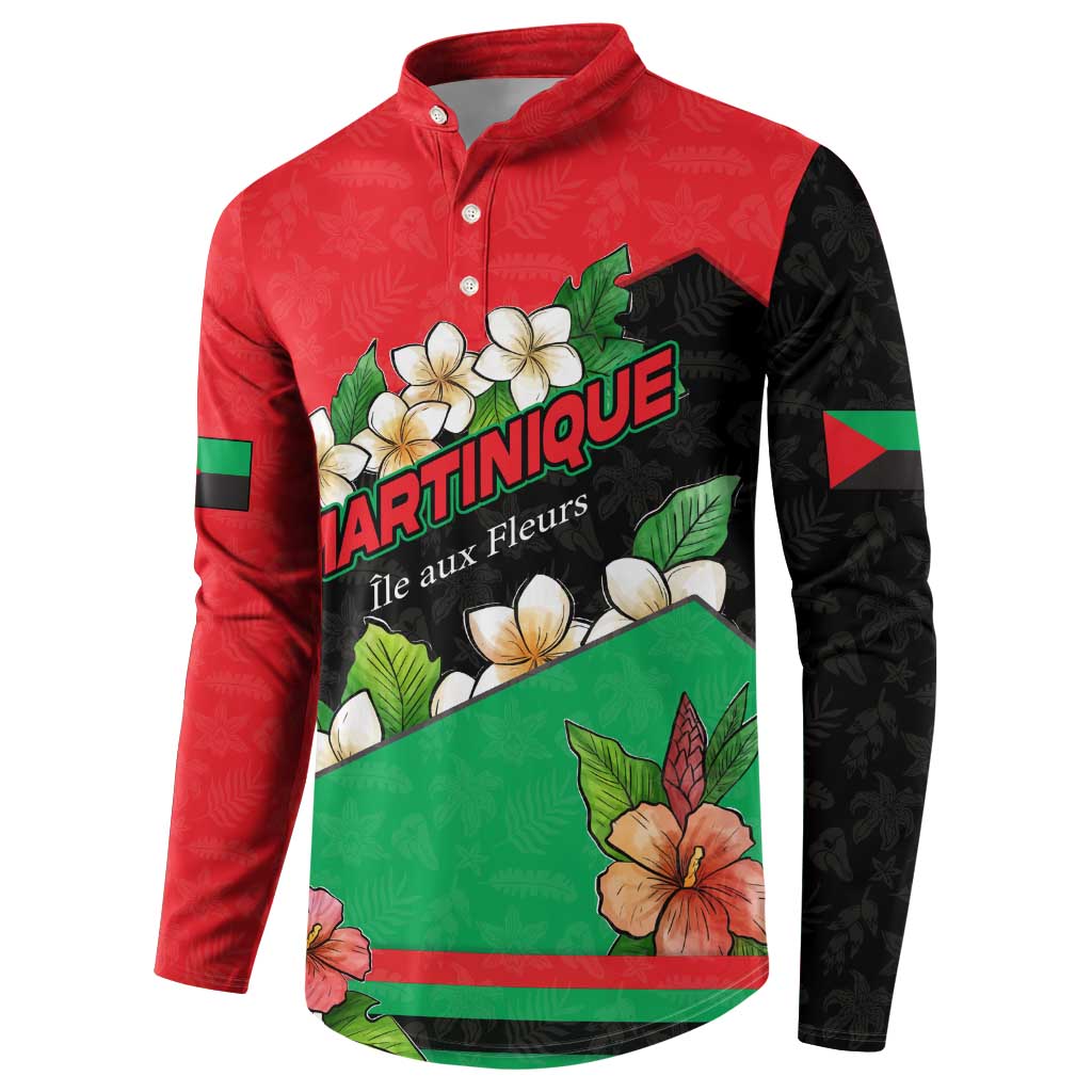 Martinique Island Pride Button Sweatshirt Tropical Hibiscus and Plumeria Floral Flag Design