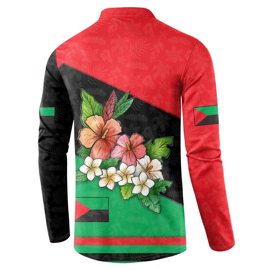 Martinique Island Pride Button Sweatshirt Tropical Hibiscus and Plumeria Floral Flag Design