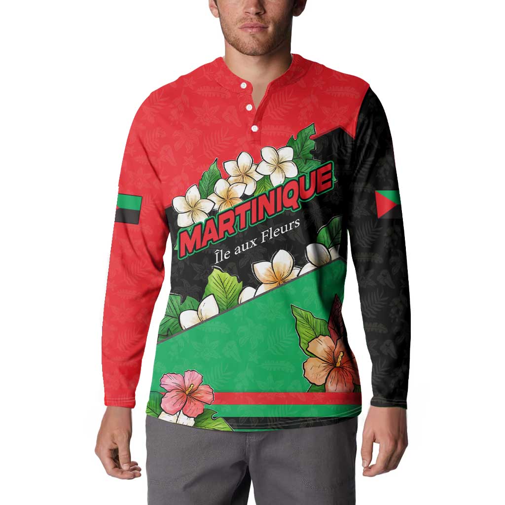 Martinique Island Pride Button Sweatshirt Tropical Hibiscus and Plumeria Floral Flag Design