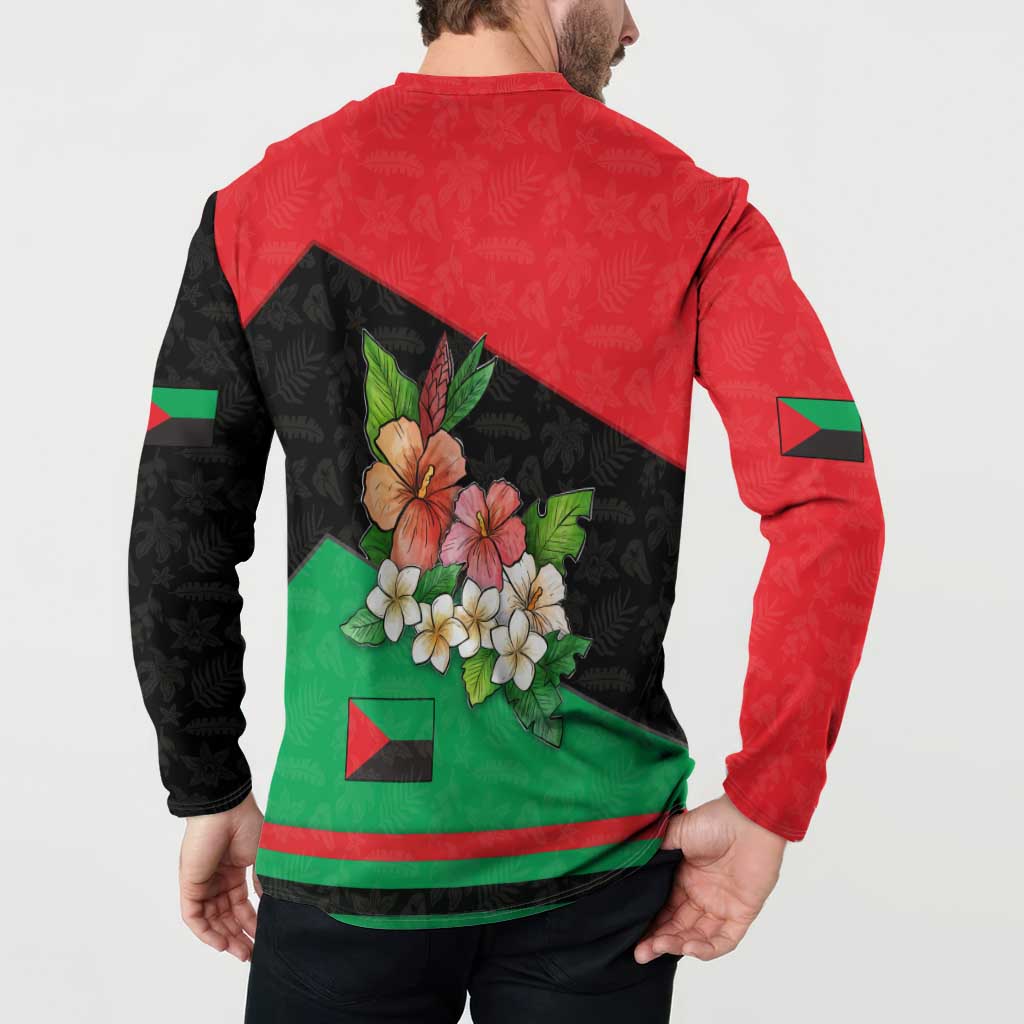 Martinique Island Pride Button Sweatshirt Tropical Hibiscus and Plumeria Floral Flag Design