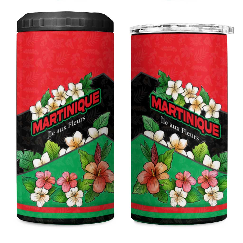 Martinique Island Pride 4 in 1 Can Cooler Tumbler Tropical Hibiscus and Plumeria Floral Flag Design