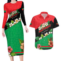 Martinique Island Pride Couples Matching Long Sleeve Bodycon Dress and Hawaiian Shirt Tropical Hibiscus and Plumeria Floral Flag Design