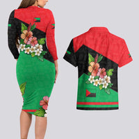 Martinique Island Pride Couples Matching Long Sleeve Bodycon Dress and Hawaiian Shirt Tropical Hibiscus and Plumeria Floral Flag Design