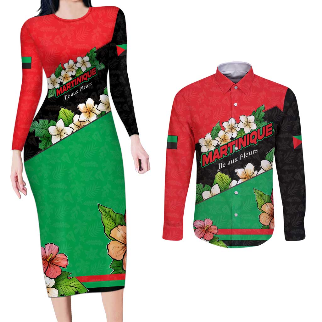 Martinique Island Pride Couples Matching Long Sleeve Bodycon Dress and Long Sleeve Button Shirt Tropical Hibiscus and Plumeria Floral Flag Design