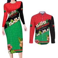 Martinique Island Pride Couples Matching Long Sleeve Bodycon Dress and Long Sleeve Button Shirt Tropical Hibiscus and Plumeria Floral Flag Design