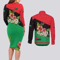 Martinique Island Pride Couples Matching Long Sleeve Bodycon Dress and Long Sleeve Button Shirt Tropical Hibiscus and Plumeria Floral Flag Design