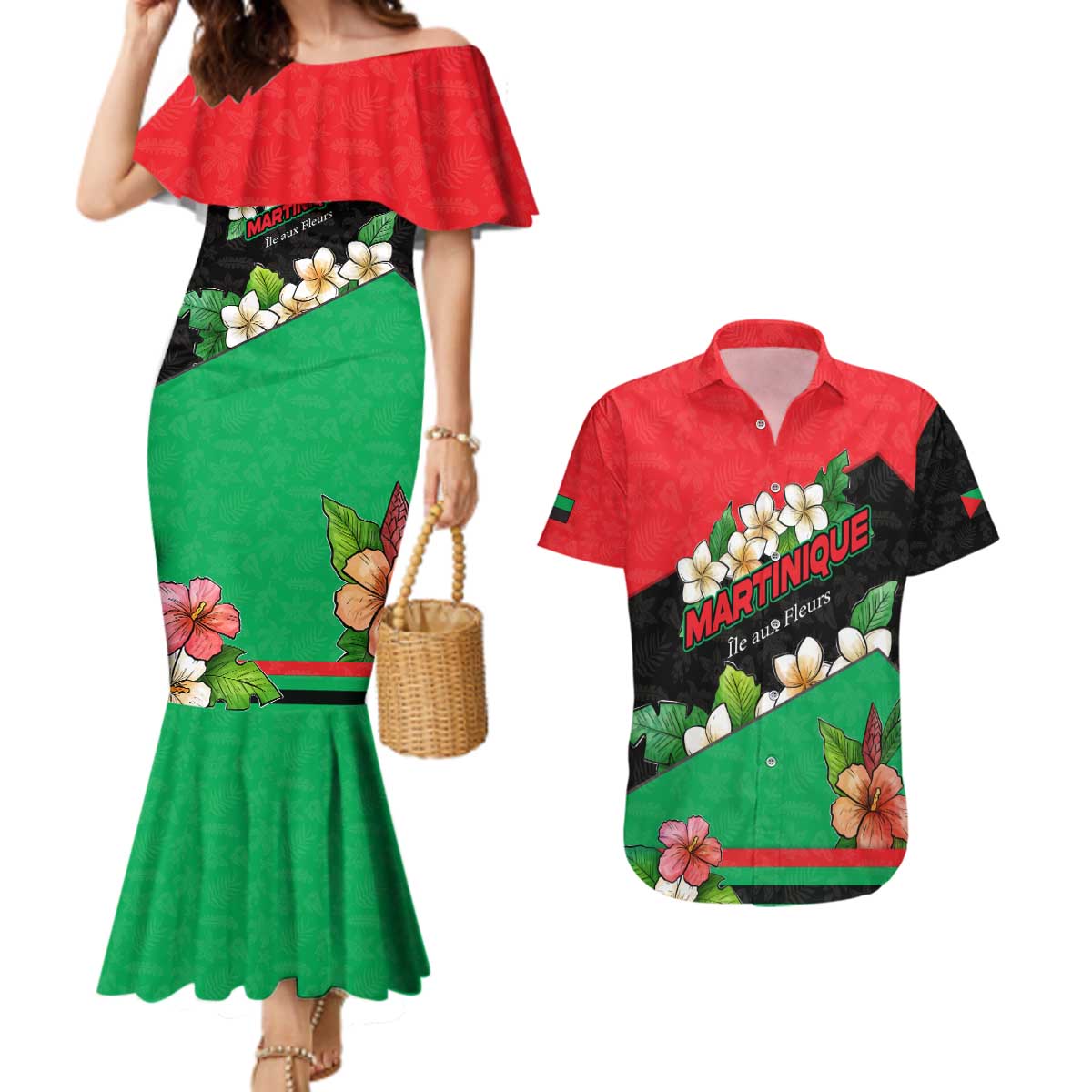 Martinique Island Pride Couples Matching Mermaid Dress and Hawaiian Shirt Tropical Hibiscus and Plumeria Floral Flag Design