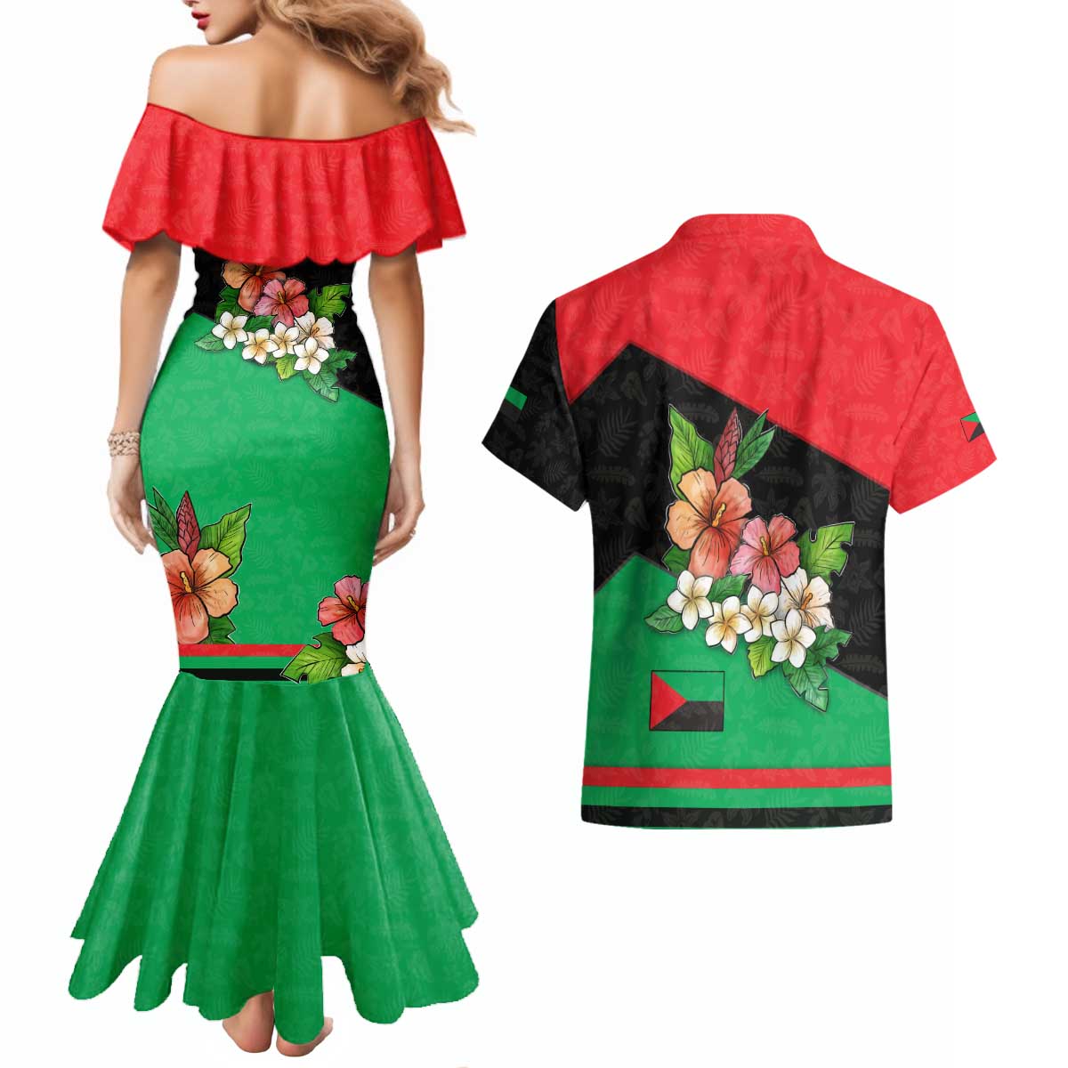 Martinique Island Pride Couples Matching Mermaid Dress and Hawaiian Shirt Tropical Hibiscus and Plumeria Floral Flag Design
