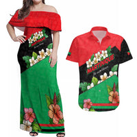 Martinique Island Pride Couples Matching Off Shoulder Maxi Dress and Hawaiian Shirt Tropical Hibiscus and Plumeria Floral Flag Design