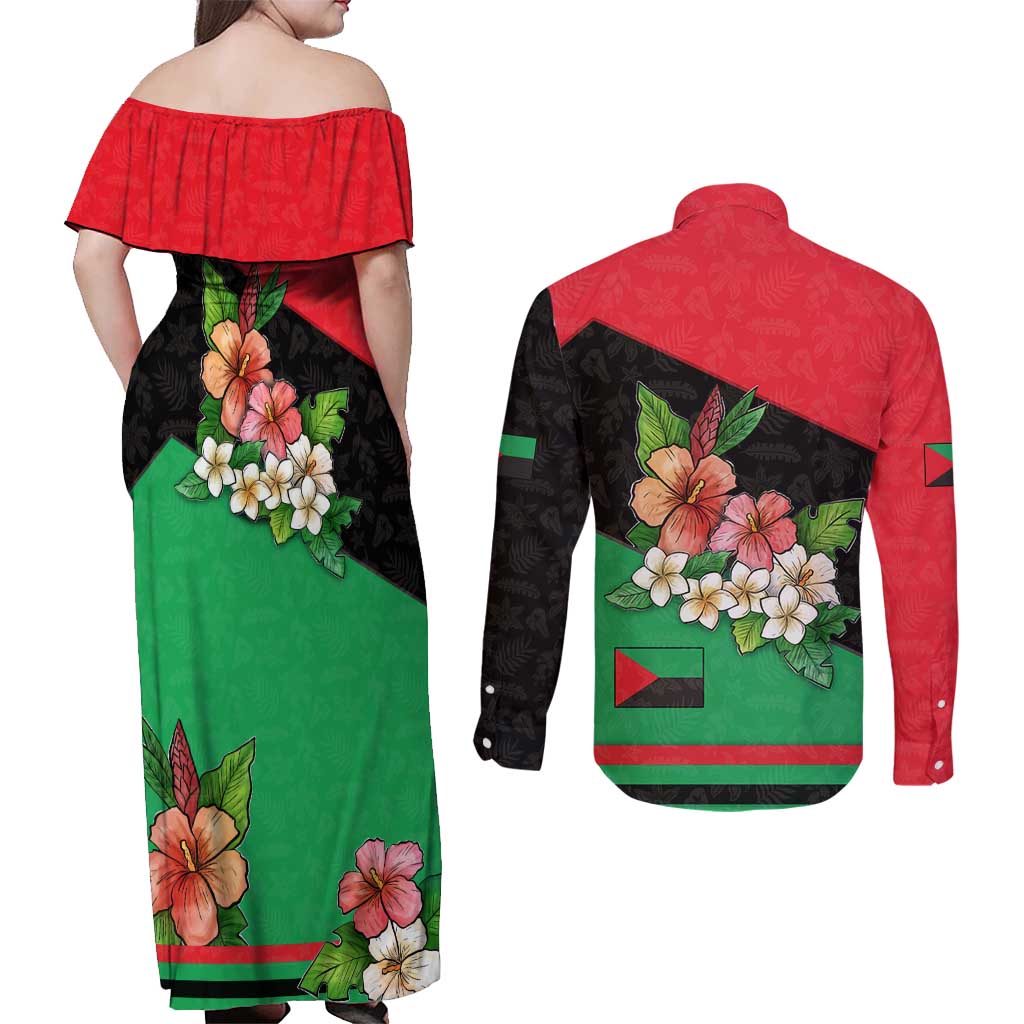 Martinique Island Pride Couples Matching Off Shoulder Maxi Dress and Long Sleeve Button Shirt Tropical Hibiscus and Plumeria Floral Flag Design