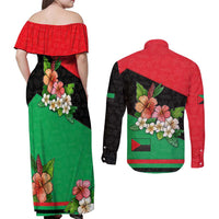 Martinique Island Pride Couples Matching Off Shoulder Maxi Dress and Long Sleeve Button Shirt Tropical Hibiscus and Plumeria Floral Flag Design