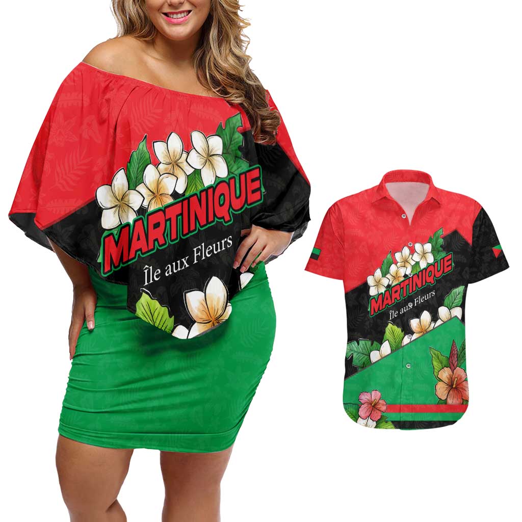 Martinique Island Pride Couples Matching Off Shoulder Short Dress and Hawaiian Shirt Tropical Hibiscus and Plumeria Floral Flag Design