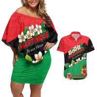 Martinique Island Pride Couples Matching Off Shoulder Short Dress and Hawaiian Shirt Tropical Hibiscus and Plumeria Floral Flag Design