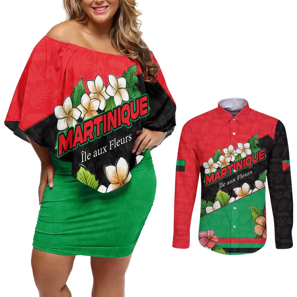 Martinique Island Pride Couples Matching Off Shoulder Short Dress and Long Sleeve Button Shirt Tropical Hibiscus and Plumeria Floral Flag Design