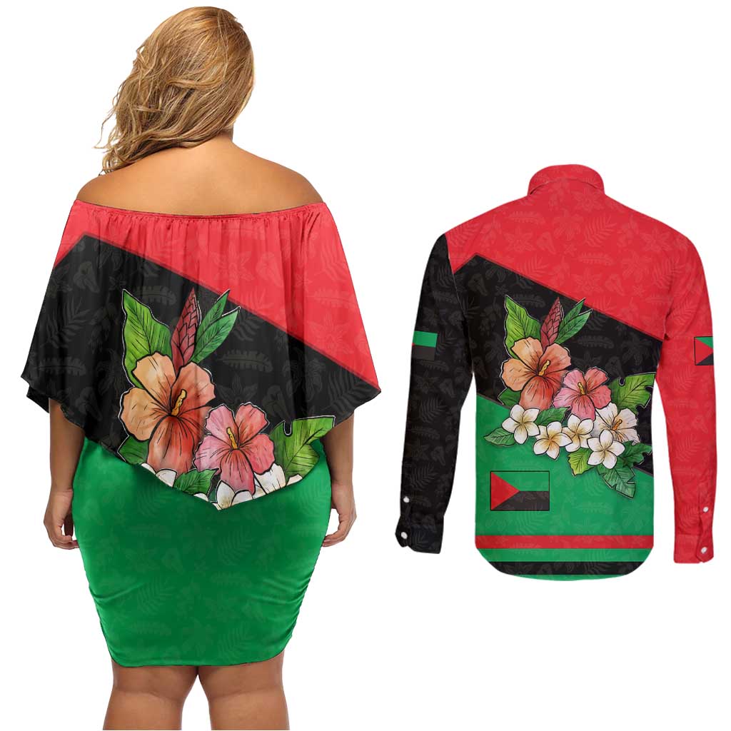 Martinique Island Pride Couples Matching Off Shoulder Short Dress and Long Sleeve Button Shirt Tropical Hibiscus and Plumeria Floral Flag Design