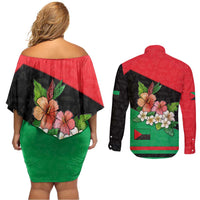 Martinique Island Pride Couples Matching Off Shoulder Short Dress and Long Sleeve Button Shirt Tropical Hibiscus and Plumeria Floral Flag Design