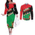 Martinique Island Pride Couples Matching Off The Shoulder Long Sleeve Dress and Long Sleeve Button Shirt Tropical Hibiscus and Plumeria Floral Flag Design