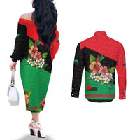 Martinique Island Pride Couples Matching Off The Shoulder Long Sleeve Dress and Long Sleeve Button Shirt Tropical Hibiscus and Plumeria Floral Flag Design