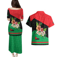 Martinique Island Pride Couples Matching Puletasi and Hawaiian Shirt Tropical Hibiscus and Plumeria Floral Flag Design