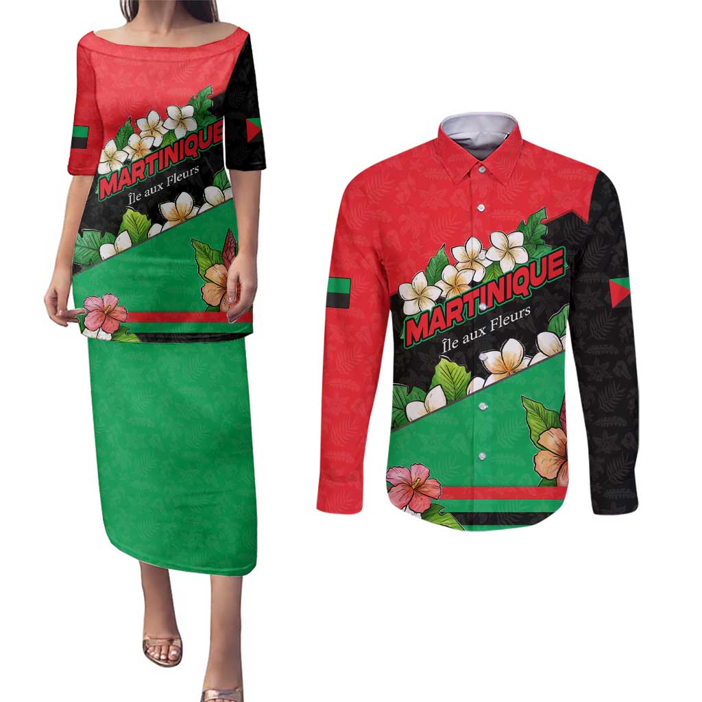 Martinique Island Pride Couples Matching Puletasi and Long Sleeve Button Shirt Tropical Hibiscus and Plumeria Floral Flag Design