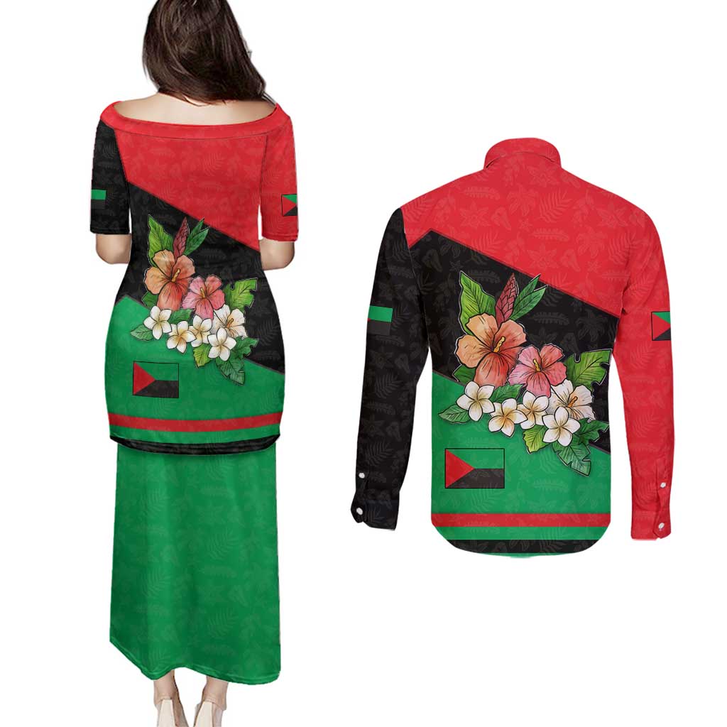 Martinique Island Pride Couples Matching Puletasi and Long Sleeve Button Shirt Tropical Hibiscus and Plumeria Floral Flag Design