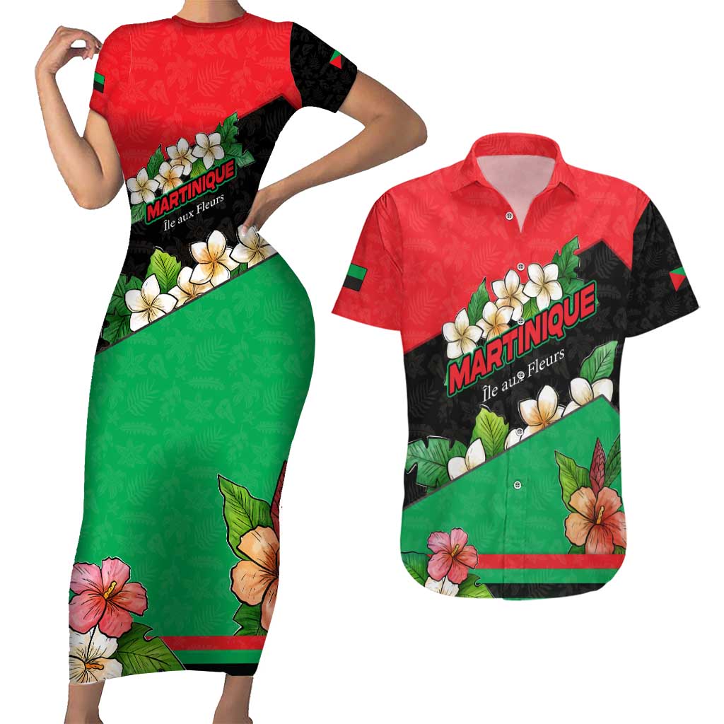 Martinique Island Pride Couples Matching Short Sleeve Bodycon Dress and Hawaiian Shirt Tropical Hibiscus and Plumeria Floral Flag Design