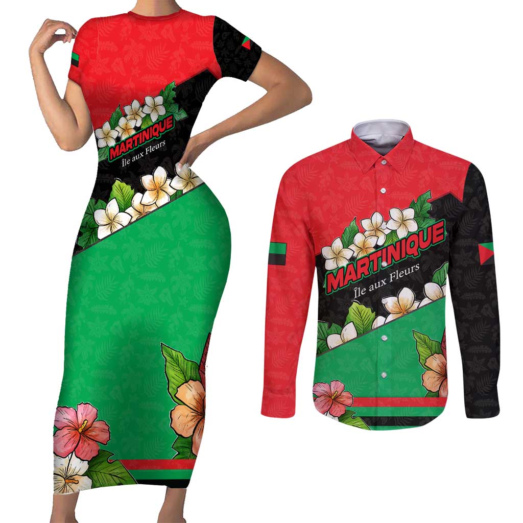 Martinique Island Pride Couples Matching Short Sleeve Bodycon Dress and Long Sleeve Button Shirt Tropical Hibiscus and Plumeria Floral Flag Design