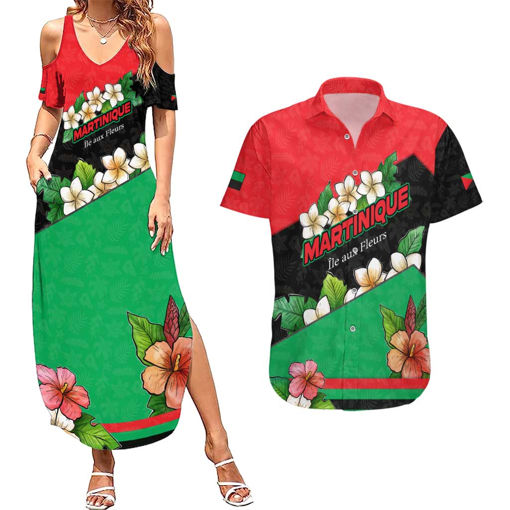 Martinique Island Pride Couples Matching Summer Maxi Dress and Hawaiian Shirt Tropical Hibiscus and Plumeria Floral Flag Design