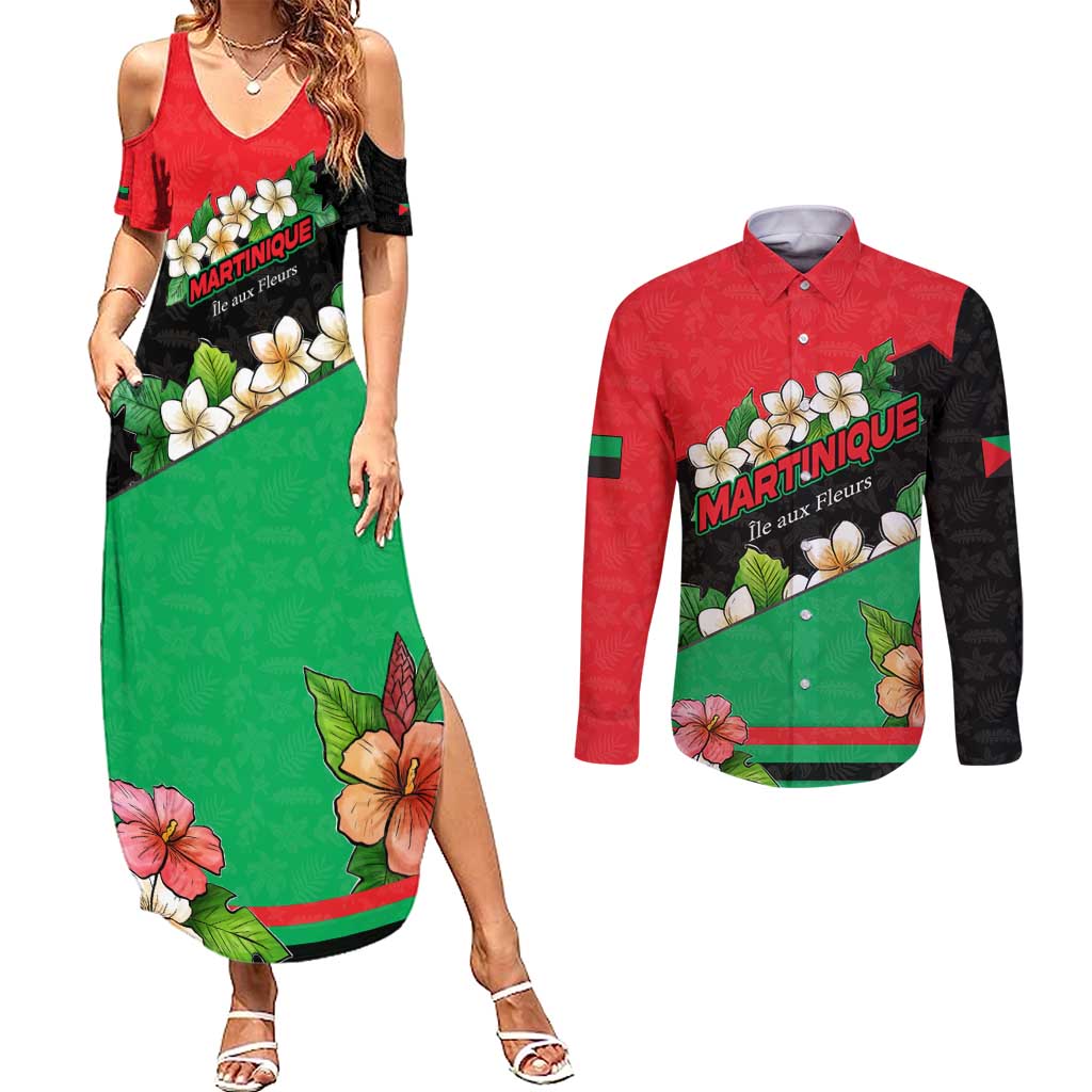 Martinique Island Pride Couples Matching Summer Maxi Dress and Long Sleeve Button Shirt Tropical Hibiscus and Plumeria Floral Flag Design
