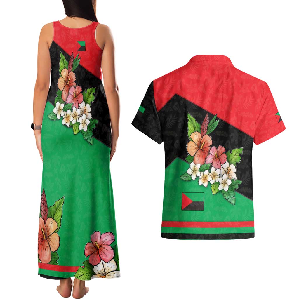 Martinique Island Pride Couples Matching Tank Maxi Dress and Hawaiian Shirt Tropical Hibiscus and Plumeria Floral Flag Design