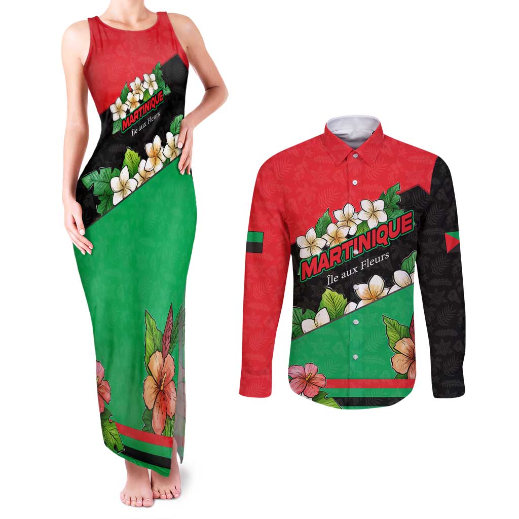 Martinique Island Pride Couples Matching Tank Maxi Dress and Long Sleeve Button Shirt Tropical Hibiscus and Plumeria Floral Flag Design