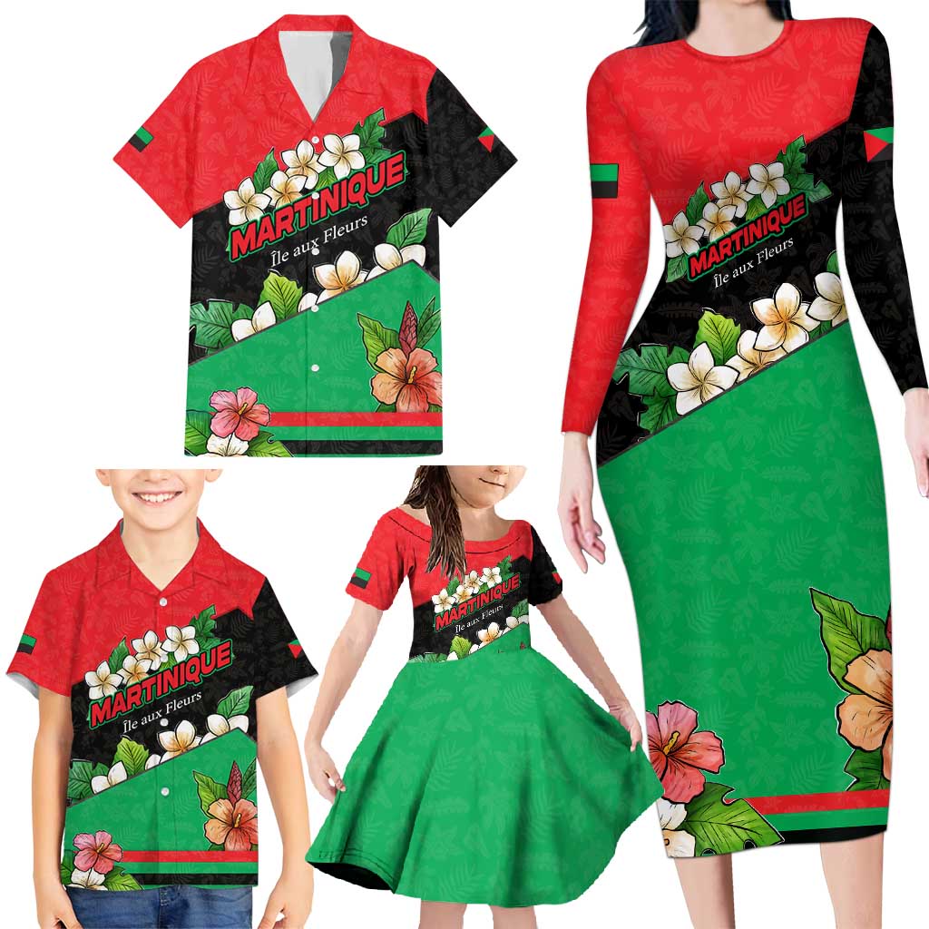 Martinique Island Pride Family Matching Long Sleeve Bodycon Dress and Hawaiian Shirt Tropical Hibiscus and Plumeria Floral Flag Design