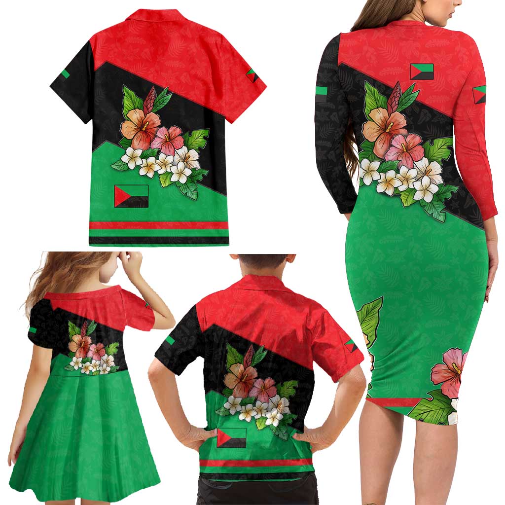 Martinique Island Pride Family Matching Long Sleeve Bodycon Dress and Hawaiian Shirt Tropical Hibiscus and Plumeria Floral Flag Design
